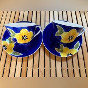 Whittard of Chelsea Hand Painted Floral Blue and Yellow Teacup Set of 2